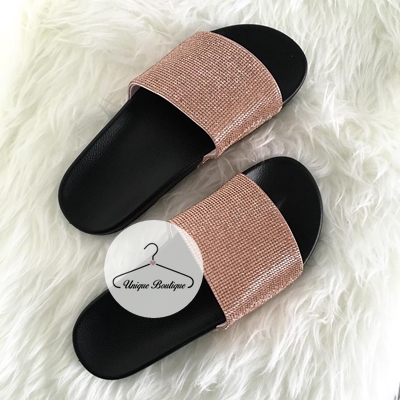 Czarne klapki z cyrkoniami gumowe  Rose Gold