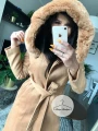 Elegancki beżowy płaszcz CAMEL z kapturem i futerkiem S-XL