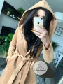 Elegancki beżowy płaszcz CAMEL z kapturem i futerkiem S-XL