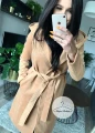 Elegancki beżowy płaszcz CAMEL z kapturem i futerkiem S-XL