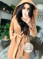 Elegancki beżowy płaszcz CAMEL z kapturem i futerkiem S-XL