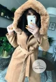 Elegancki beżowy płaszcz CAMEL z kapturem i futerkiem S-XL