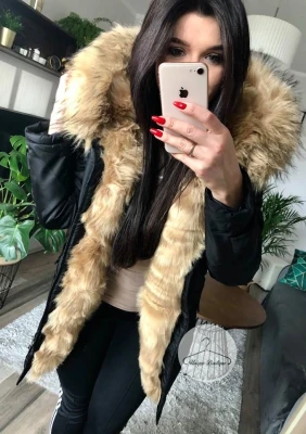 Kurtka parka czarna futro sztuczne beżowe K.Zell XS-XL