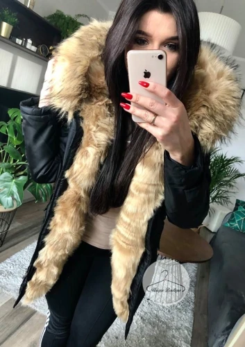 Kurtka parka czarna futro sztuczne beżowe K.Zell XS-XL