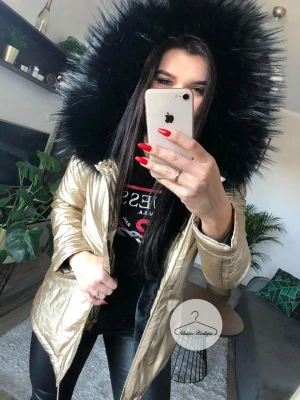 Złota metaliczna kurtka parka Eko skóra czarne futro sztuczne S-XXL