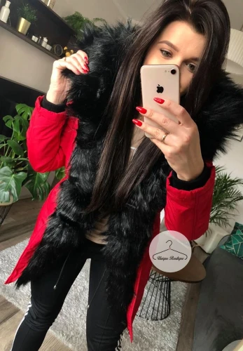 Kurtka Parka CZERWONA czarne futro sztuczne S-L