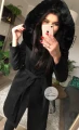 Elegancki czarny płaszcz BLACK z kapturem i futerkiem S-XL
