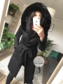 Elegancki czarny płaszcz BLACK z kapturem i futerkiem S-XL