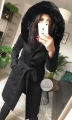 Elegancki czarny płaszcz BLACK z kapturem i futerkiem S-XL