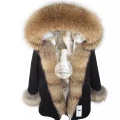Długa parka gwiazd czarna z futrem naturalnym