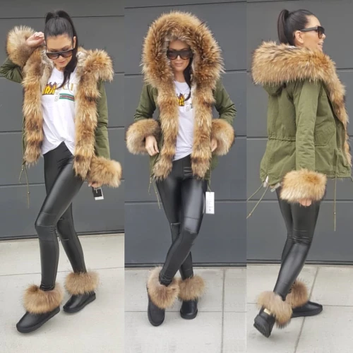 Krótka parka gwiazd khaki z futrem naturalnym