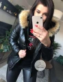 Czarna pikowana kurtka z eko skóry ze sztucznym futrem