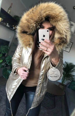 Kurtka parka złota metaliczna ze sztucznym futrem