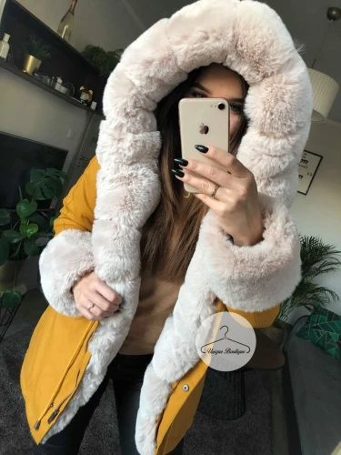 Parka zimowa Premium musztardowa z futrem sztucznym