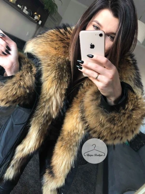 Czarna puchowa parka Supreme futro naturalne jenot naturalny S-XL