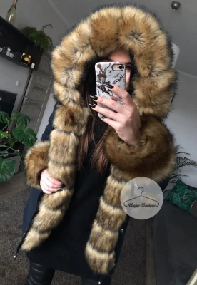 Zimowa granatowa parka Premium natural brązowe futro sztuczne XS-L