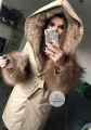Beżowy płaszcz trencz NUDE futro naturalne jenot naturalny S-XL