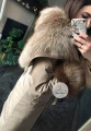 Beżowy płaszcz trencz NUDE futro naturalne jenot naturalny S-XL