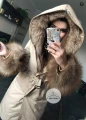 Beżowy płaszcz trencz NUDE futro naturalne jenot naturalny S-XL