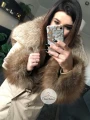 Beżowy płaszcz trencz NUDE futro naturalne jenot naturalny S-XL