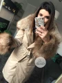 Beżowy płaszcz trencz NUDE futro naturalne jenot naturalny S-XL