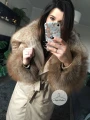 Beżowy płaszcz trencz NUDE futro naturalne jenot naturalny S-XL