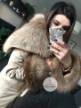 Beżowy płaszcz trencz NUDE futro naturalne jenot naturalny S-XL