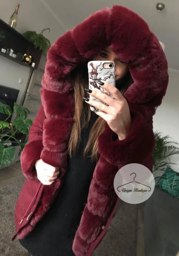 Zimowa BORDOWA parka Premium bordowe futro sztuczne XS-L