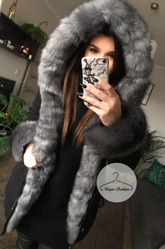 Zimowa parka Premium czarna grafitowe futro sztuczne XS-L