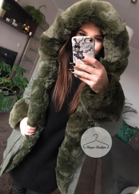 Zimowa parka Khaki Premium zielone futro sztuczne XS-L