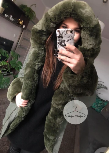 Zimowa parka Khaki Premium zielone futro sztuczne XS-L