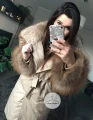 Beżowy płaszcz trencz NUDE futro naturalne jenot naturalny S-XL