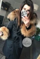 Czarny płaszcz trencz BLACK futro naturalne jenot naturalny S-XL