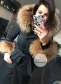 Czarny płaszcz trencz BLACK futro naturalne jenot naturalny S-XL