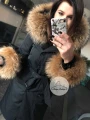 Czarny płaszcz trencz BLACK futro naturalne jenot naturalny S-XL