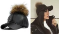 Czarna czapka z daszkiem + pompon z futra
