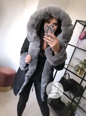 Zimowa parka Premium CZARNA ortalionowa szare futro sztuczne S-XXL
