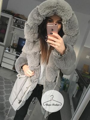Ortalionowa parka zimowa Premium z szarym futrem sztucznym