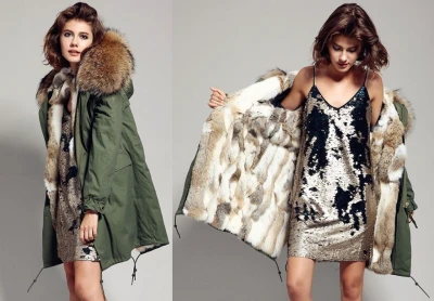 Długa parka khaki z jenotem naturalnym