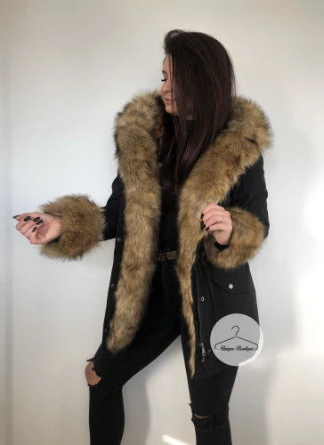 Zimowa czarna parka Winter natural brązowe futro sztuczne XS-L