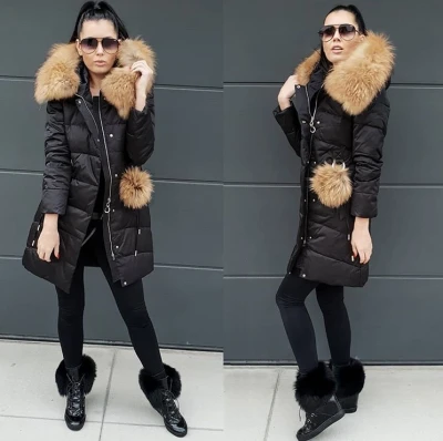 Czarna puchowa kurtka SNOW futro naturalne jenot naturalny S-XL