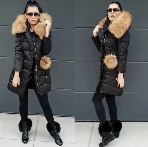 Czarna puchowa kurtka SNOW futro naturalne jenot naturalny S-XL
