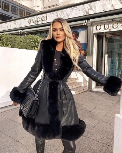 Elegancki długi płaszcz KENDALL eko skóra czarne futro S-XL