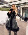 Elegancki długi płaszcz KENDALL eko skóra czarne futro S-XL