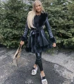Elegancki długi płaszcz KENDALL eko skóra czarne futro S-XL