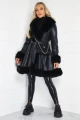 Elegancki długi płaszcz KENDALL eko skóra czarne futro S-XL
