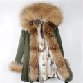 Długa parka gwiazd khaki z futrem naturalnym
