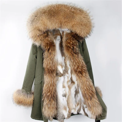 Długa parka gwiazd khaki z futrem naturalnym