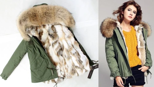 Krótka parka khaki z futrem z jenota Luxury