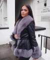 Elegancki krótki płaszcz z eko-skóry z szarym futrem Kendall